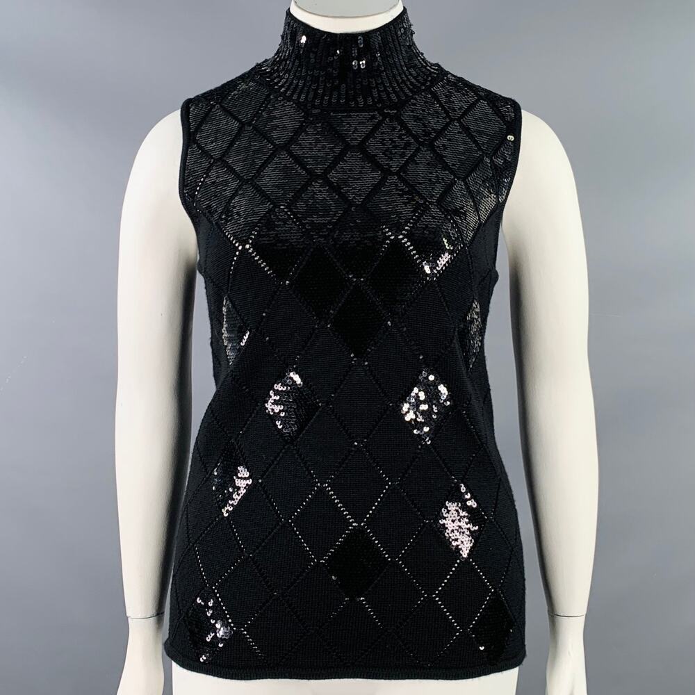 EMPORIO ARMANI Size L Black Virgin Wool Sequined Sleeveless Dress Top